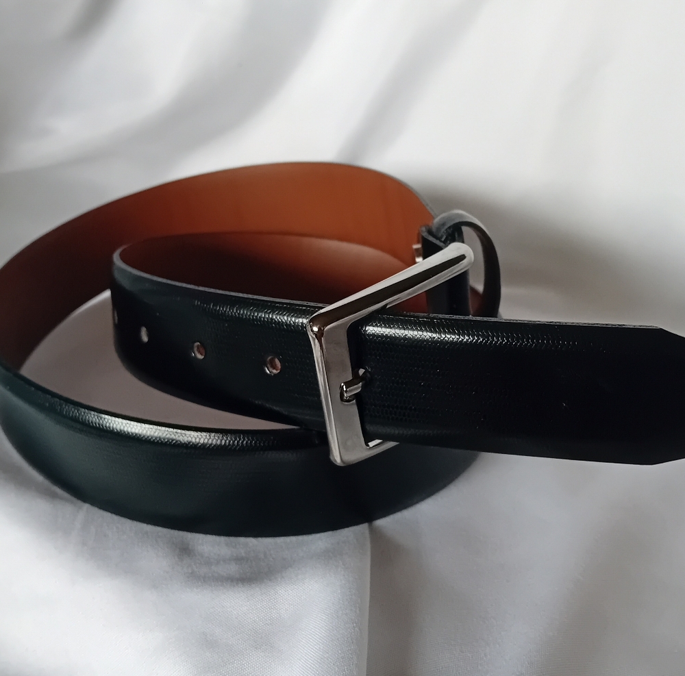 Bench Craft Black Leather Belt With Silver Tone Buckle 6016 - 85/34